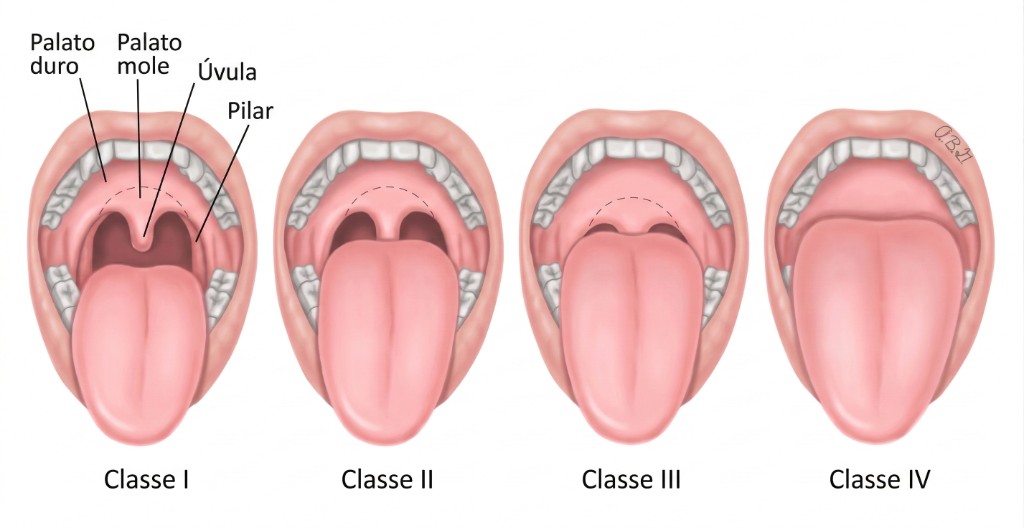 Classificação de Mallampati: Classes I a IV, visibilidade do palato mole, úvula e pilares.