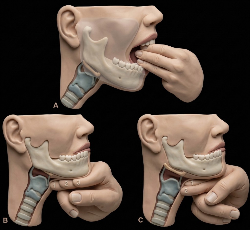 Regra 3-3-2: Abertura de boca (3 dedos), distância tireomentoniana (3 dedos), distância hio-mento (2 dedos).